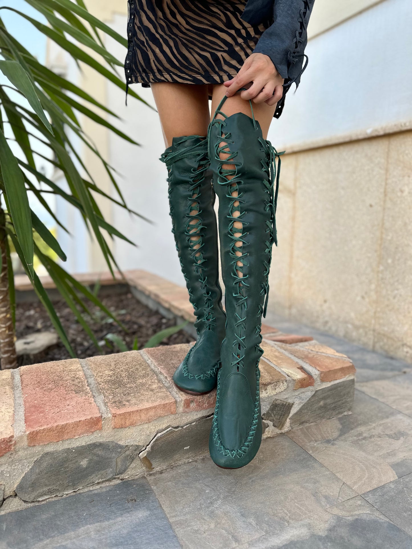 Pine Needle Green Leather Knee High Boots