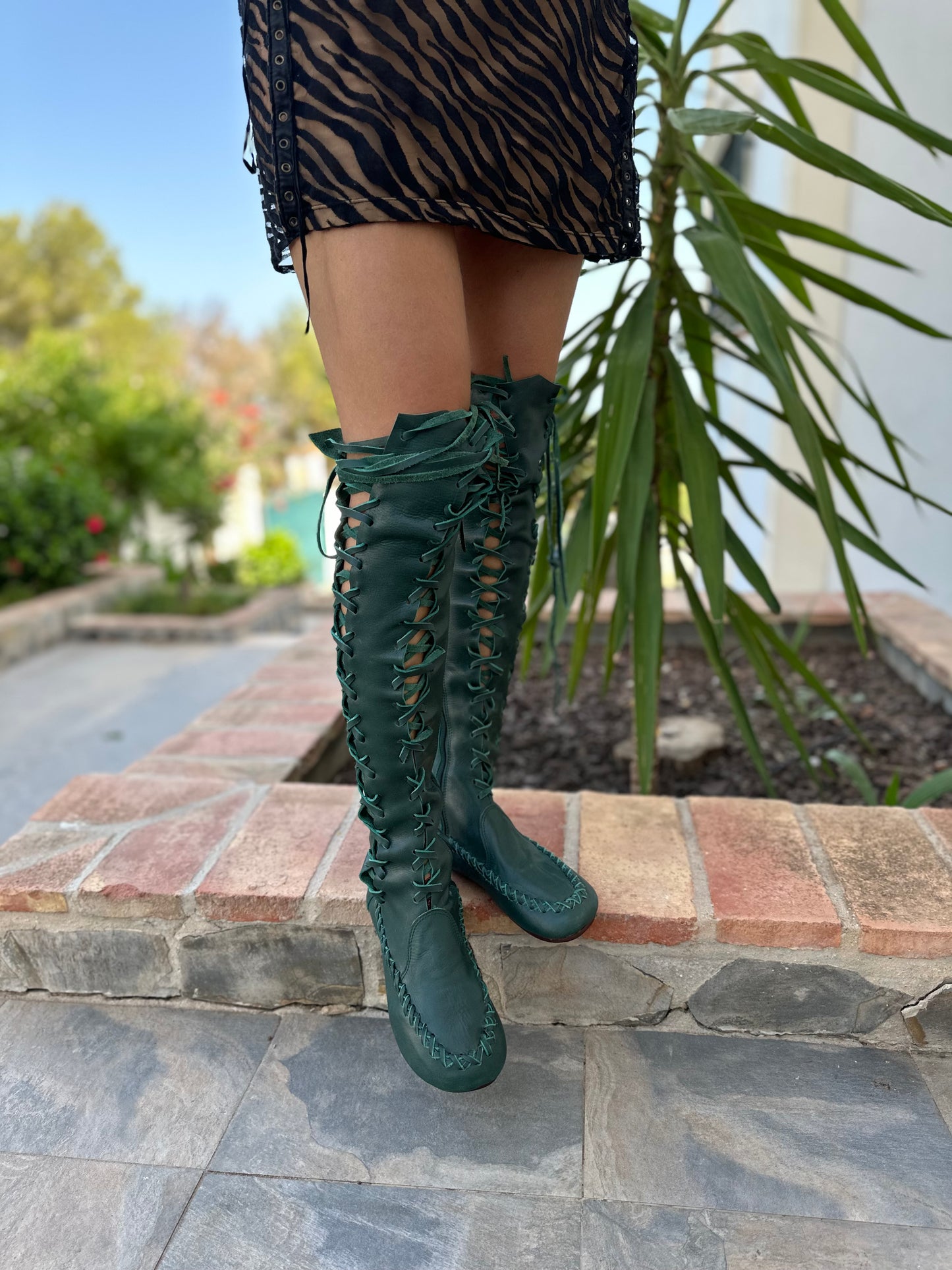 Pine Needle Green Leather Knee High Boots