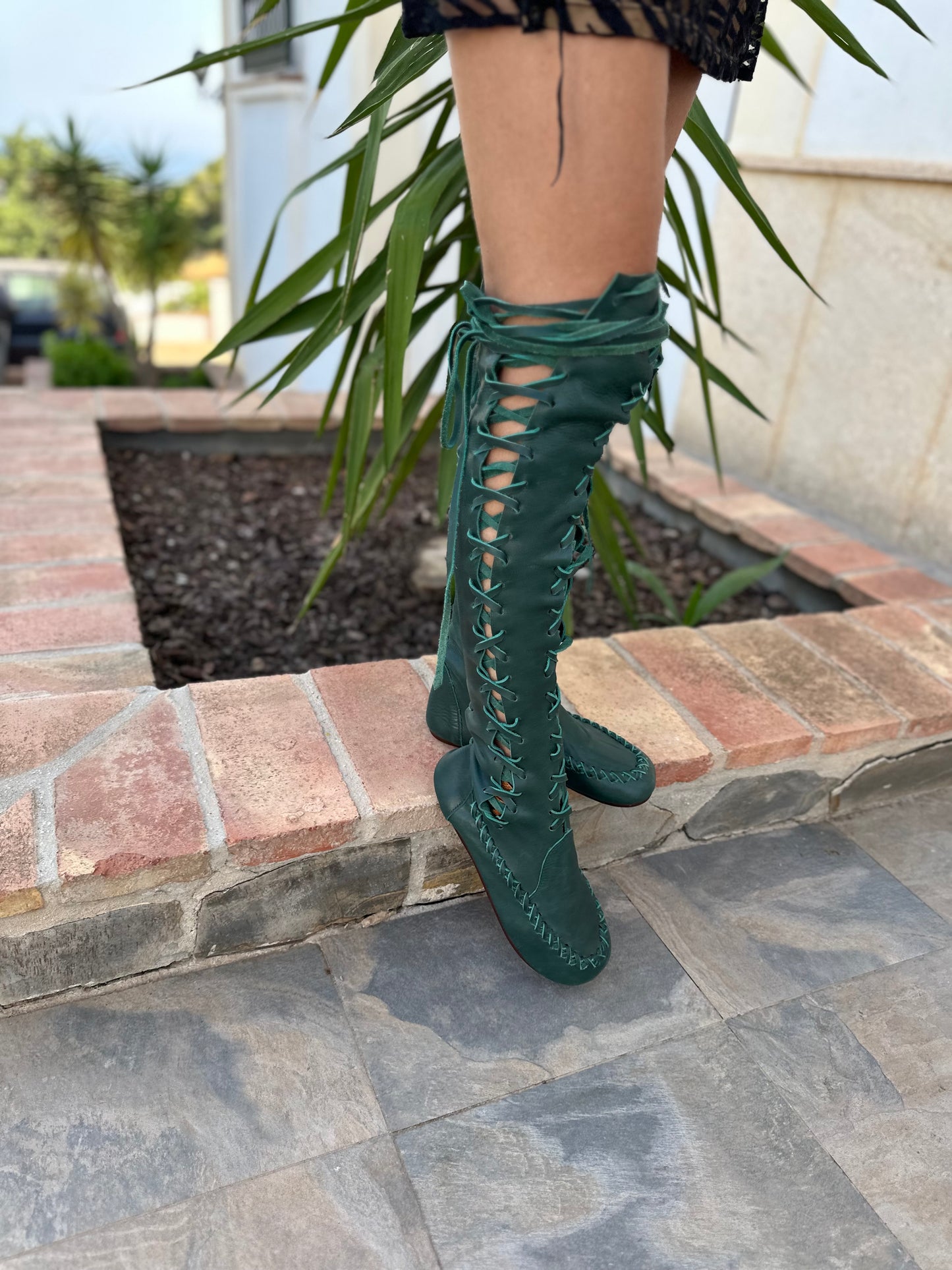 Pine Needle Green Leather Knee High Boots