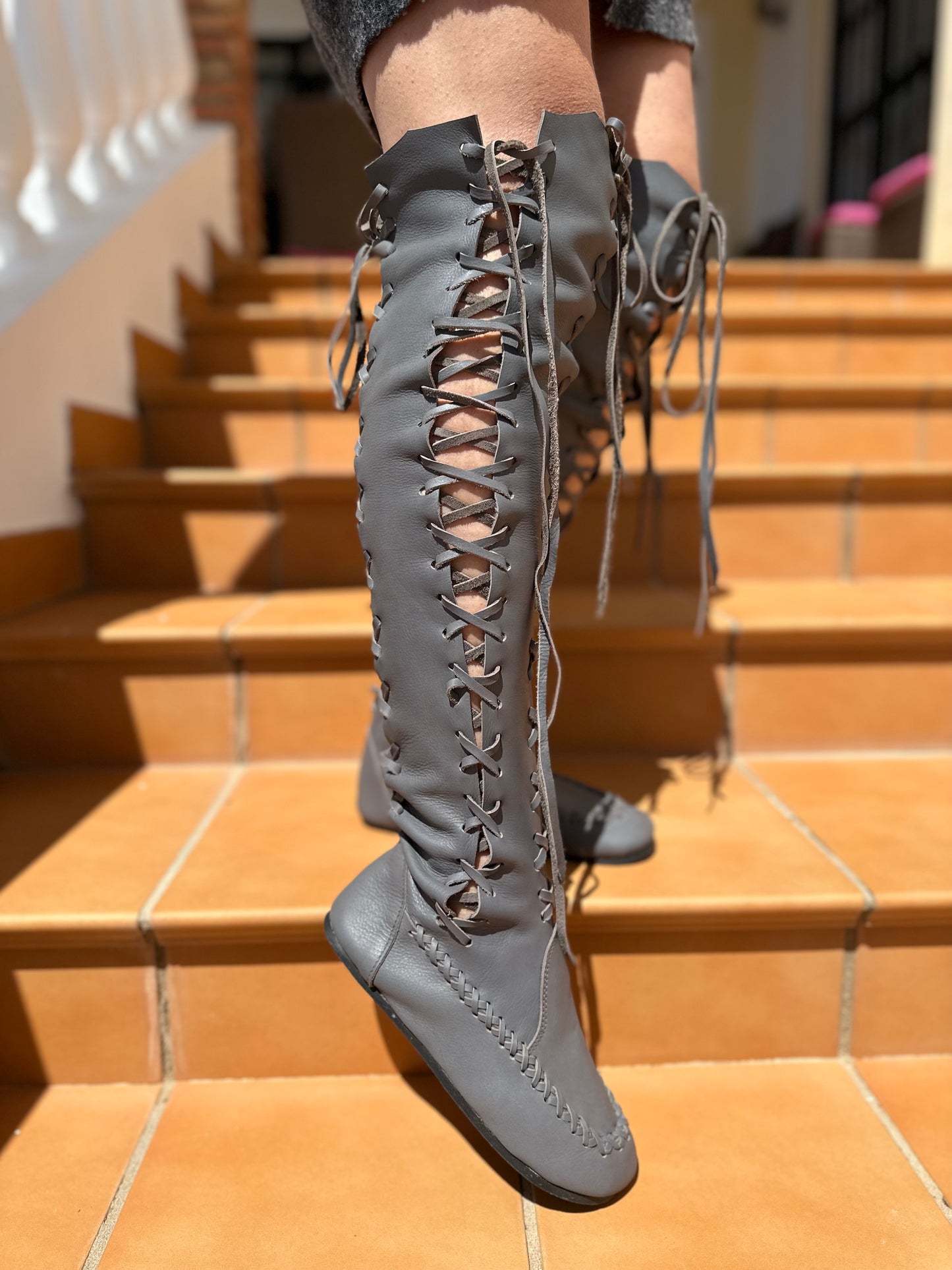 Grey Knee High Leather Boots