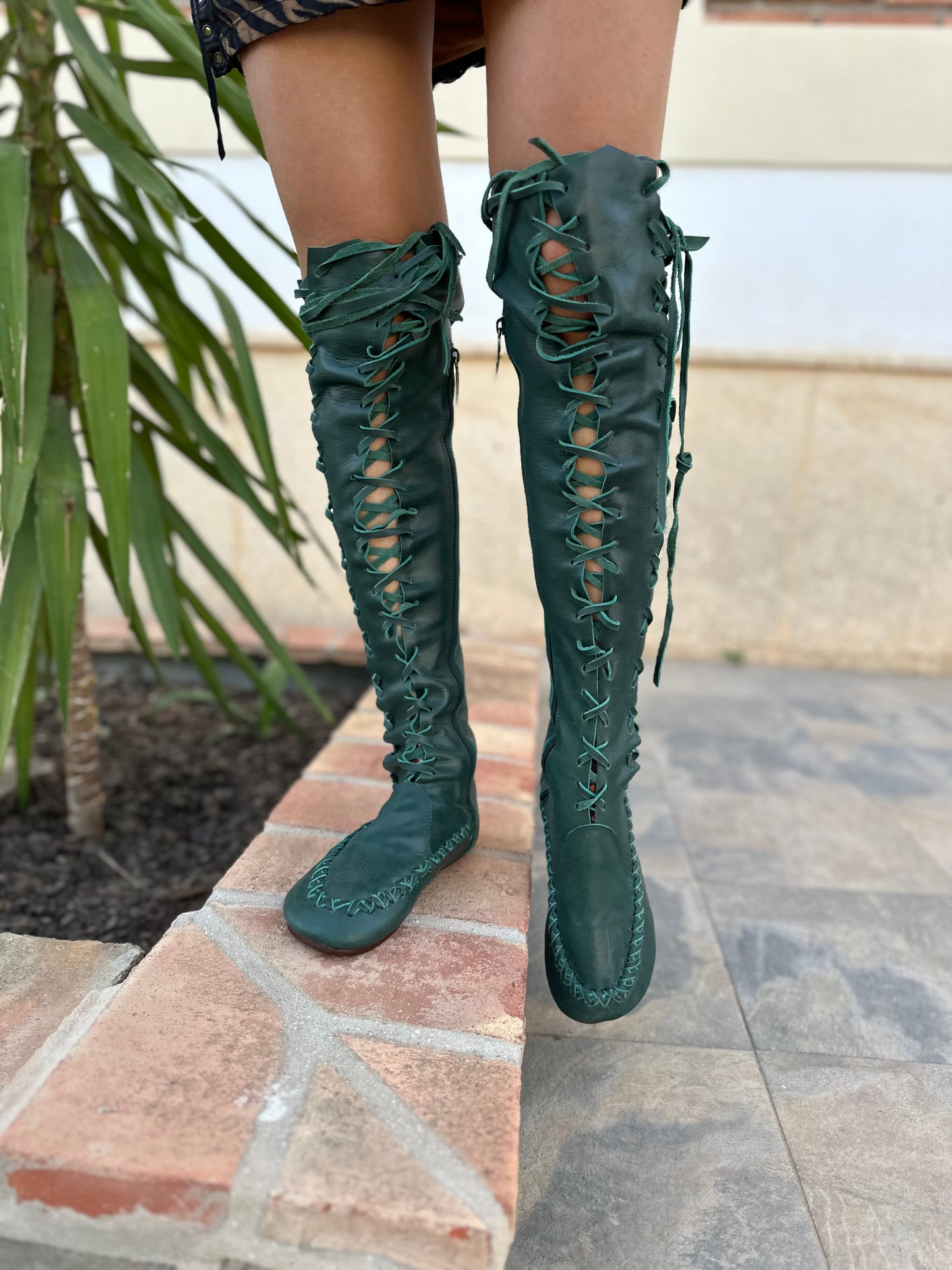 Pine Needle Green Leather Knee High Boots