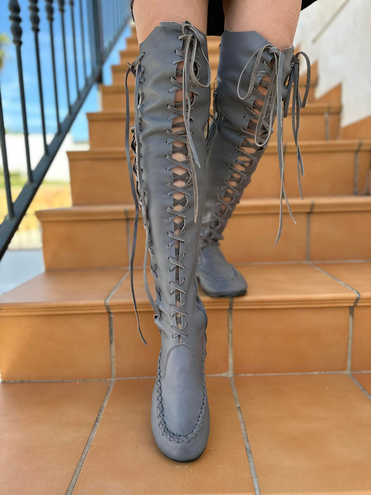 Grey Knee High Leather Boots