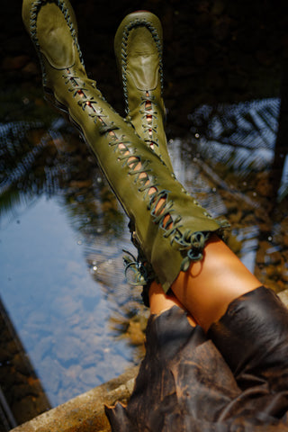Green Fairy Leather Knee High Boots