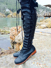 'Clockwork Fairy' Knee High Boots in Black with Tan Soles
