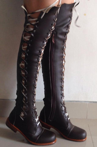 'Clockwork Fairy' Knee High Boots in Brown Vegan Faux Leather