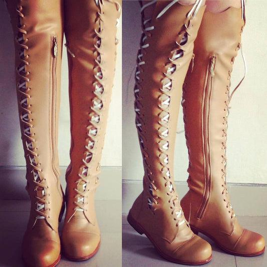 Botas hasta la rodilla 'Clockwork Fairy' en piel sintética vegana color canela