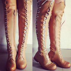 'Clockwork Fairy' Knee High Boots in Tan Vegan Faux Leather