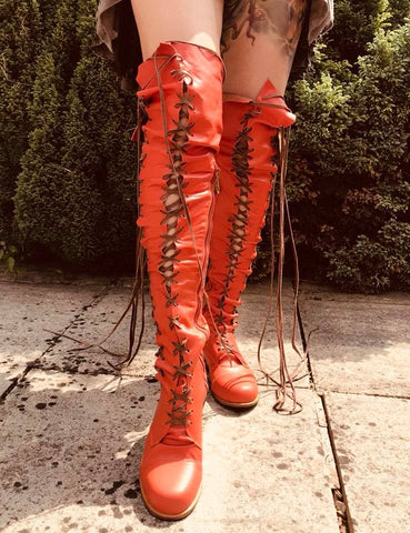 Deep Orange Clockwork Fairy Knee High Leather Boots