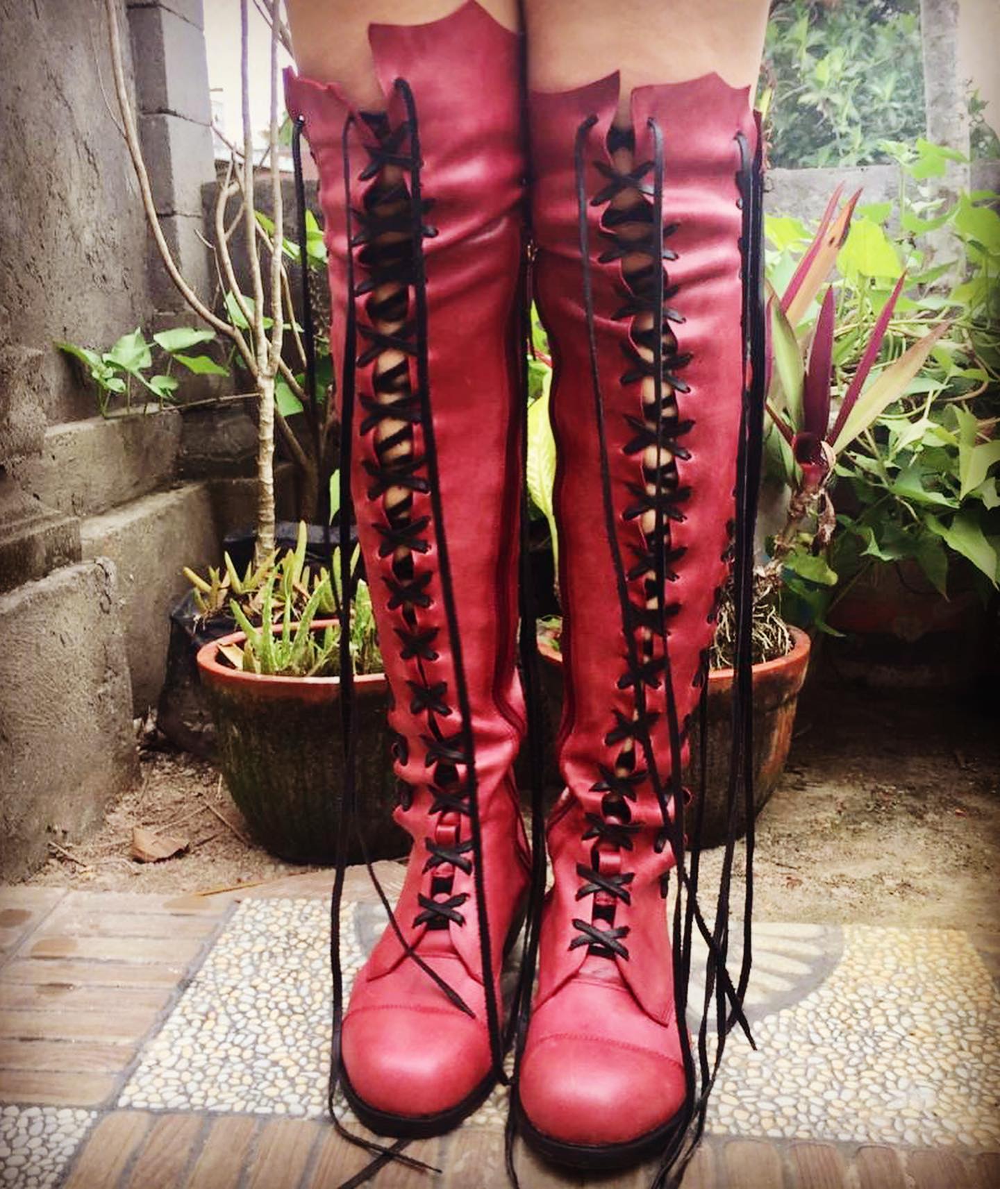 'Clockwork Fairy' Knee High Boots in Oxblood with Black Soles