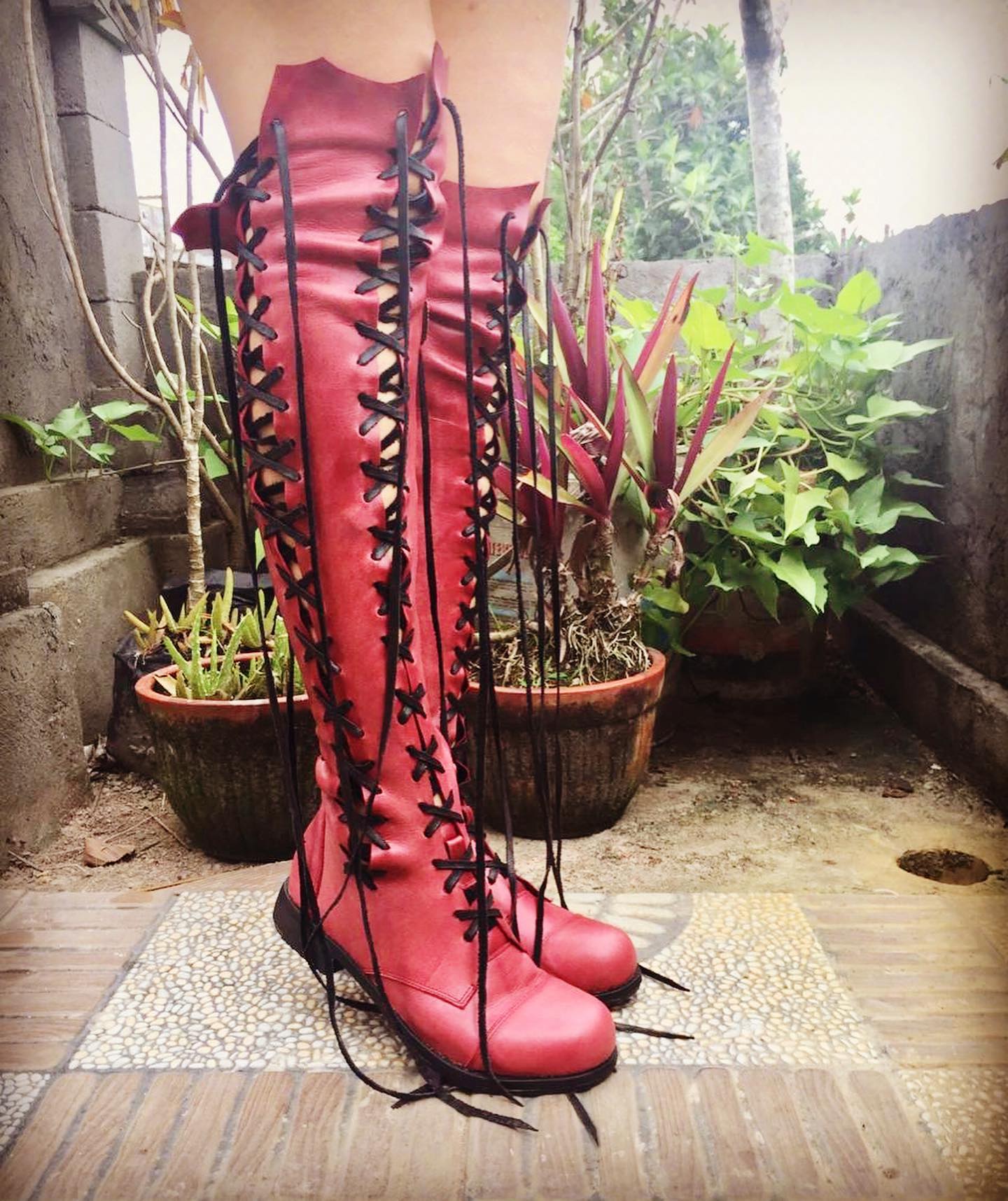 'Clockwork Fairy' Knee High Boots in Oxblood with Black Soles