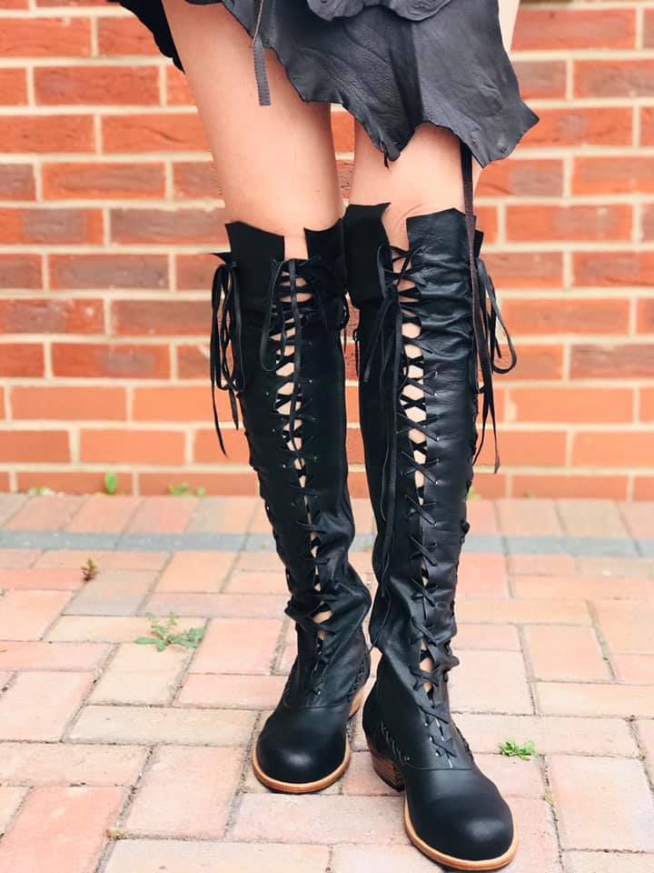 Black Leather Victorian Gipsy Dharma knee high boots for Pre Order