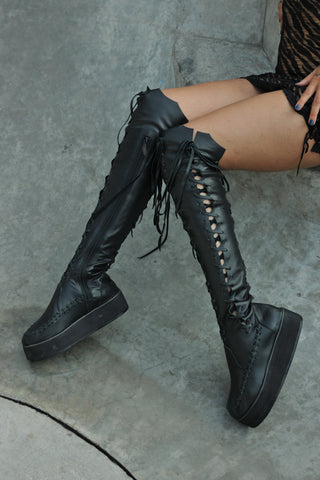 Gothic Black Leather Knee High Platform Boots for Pre Order