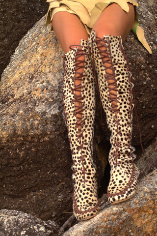 Knee High Brown Leopard Leather Boots