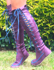 Plum knee high boots with cobalt laces
