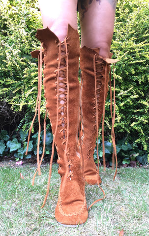 Tan Knee High Suede Boots with Tan Laces