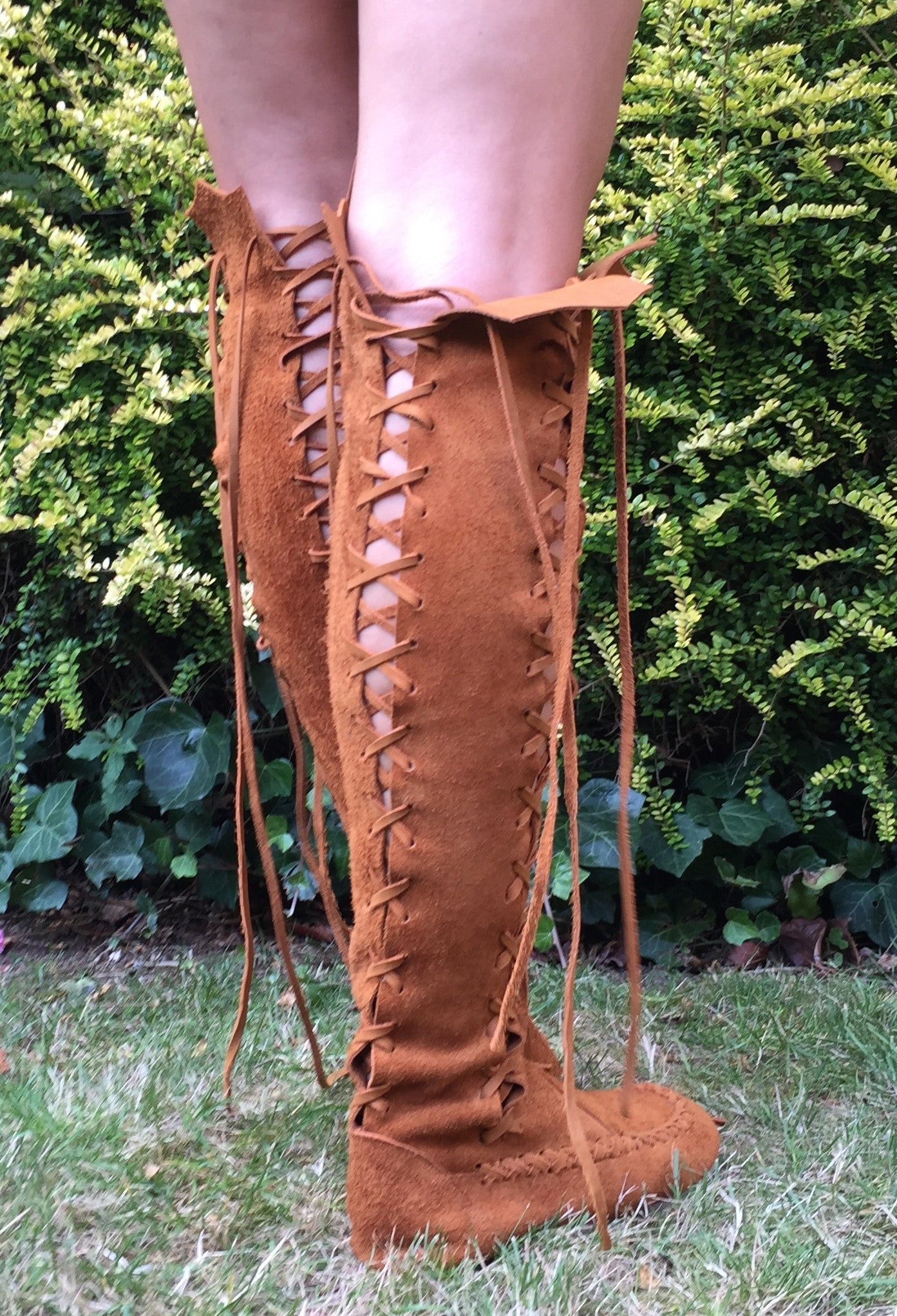 Tan Knee High Suede Boots with Tan Laces