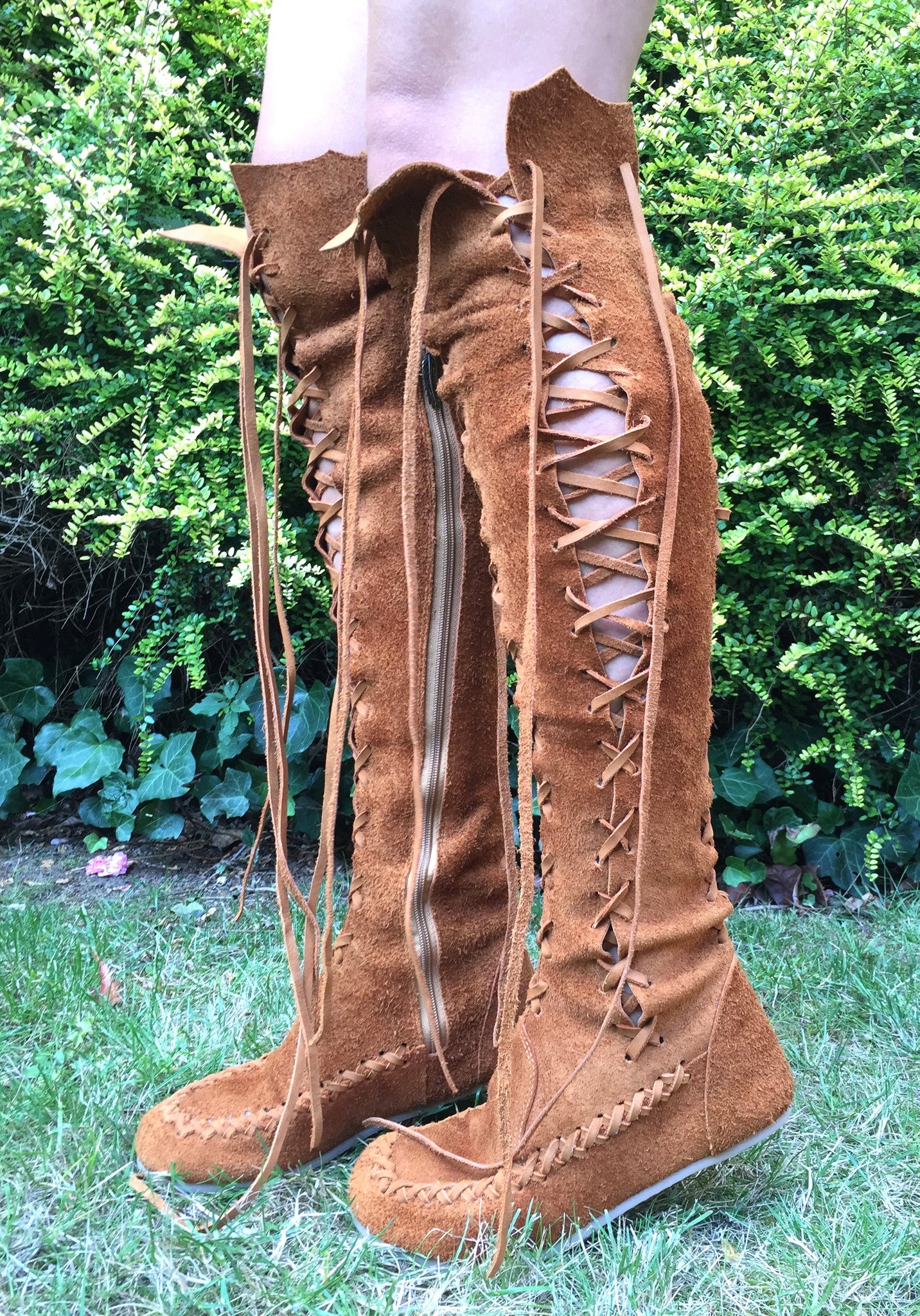 Tan Knee High Suede Boots with Tan Laces