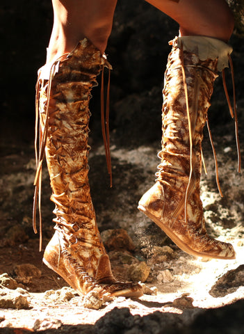 Galaxy Dream Leather Knee High Boots in Tan with Tan laces