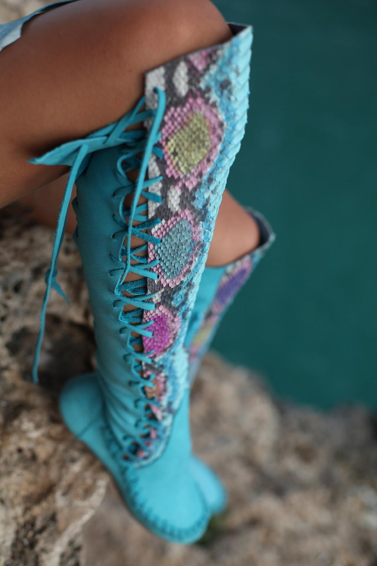 Turquoise Python Pumps Leather Boots – Turquoise Python Knee High Leather Boots | Gipsy Dharma