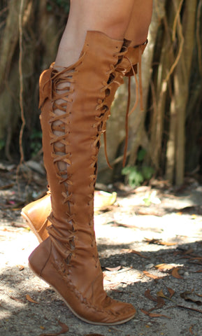 Tan Knee High Leather Boots with Tan Laces