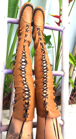 Antique Tan Over The Knee High Leather Boots With Madagascar Brown Lacing