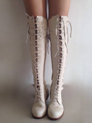 Clockwork Fairy  Knee High Boots in White Leather