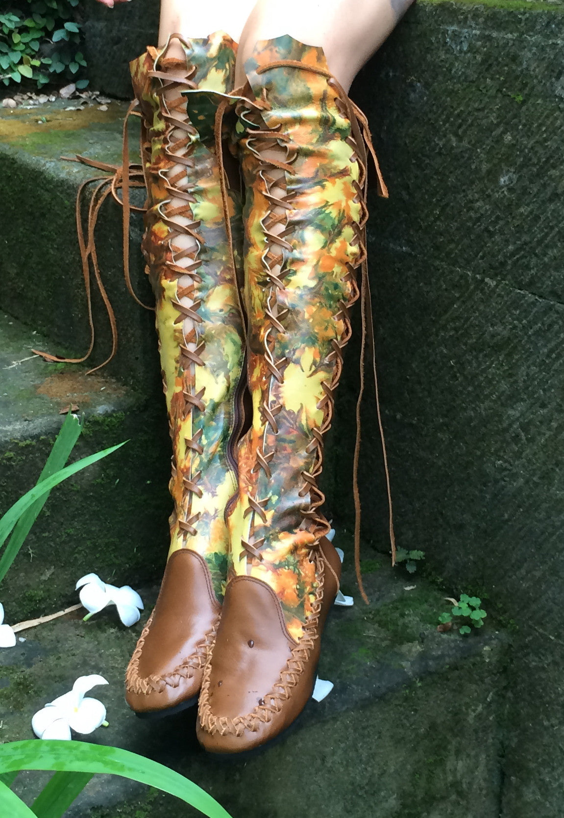 Tan Galaxy Tie Dye Knee High Leather Boots