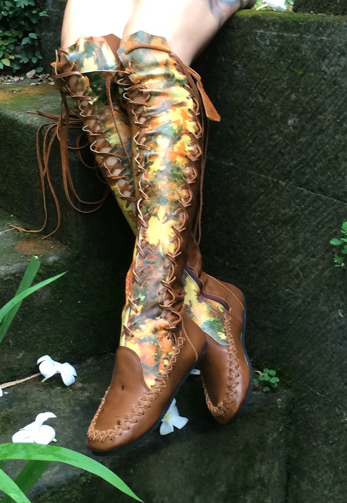 Tan Galaxy Tie Dye Knee High Leather Boots