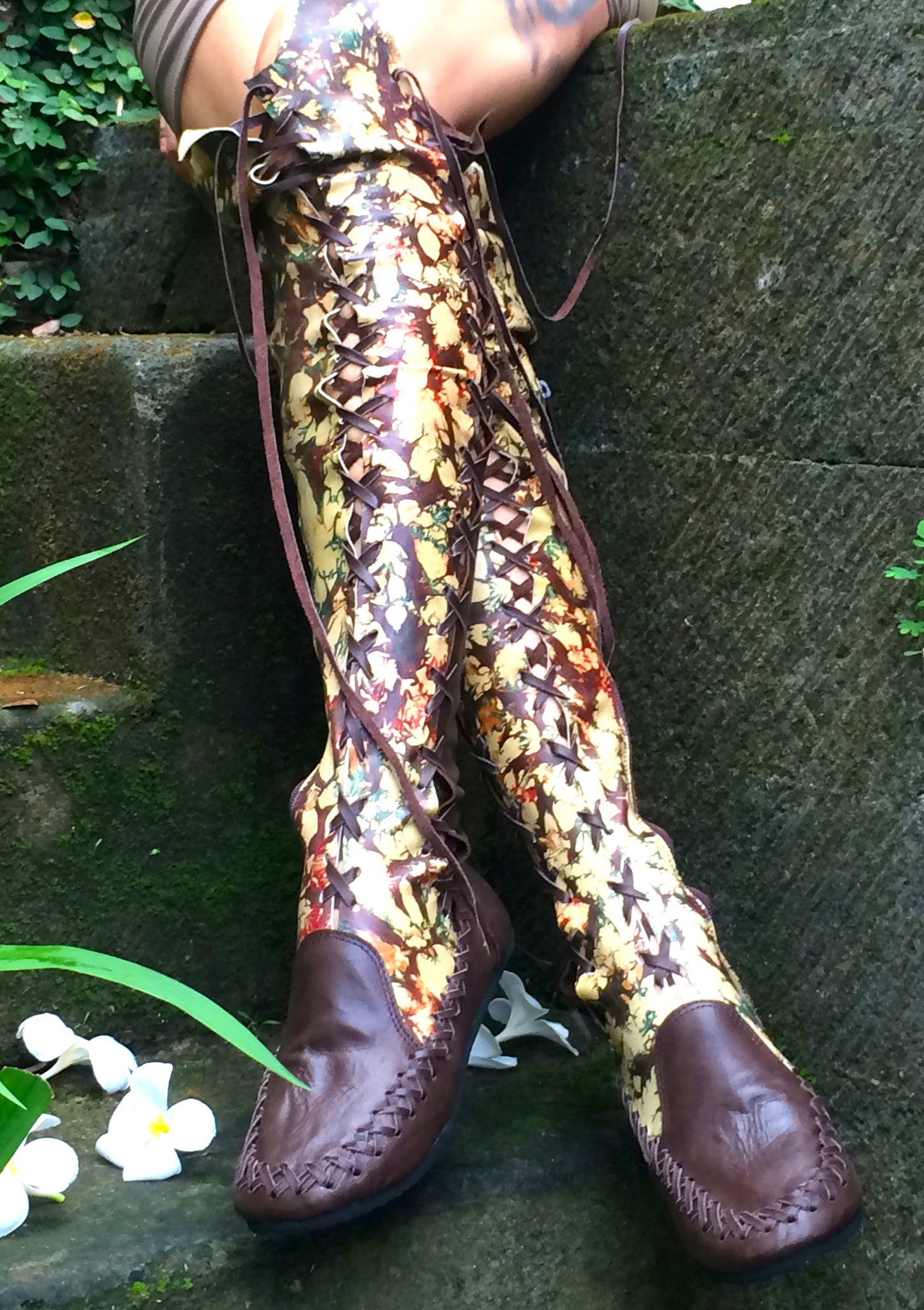 Dark Brown Galaxy Tie Dye Knee High Leather Boots
