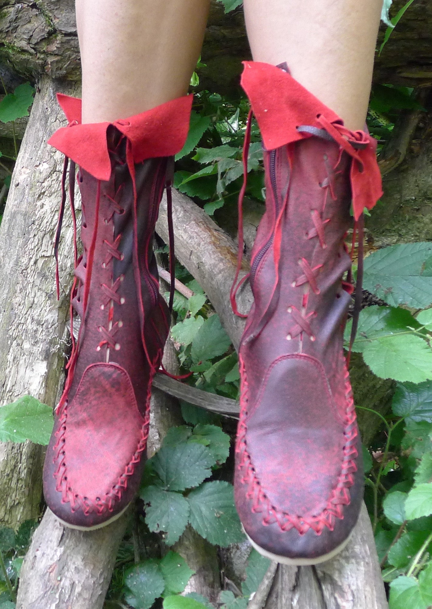Red and Black Leather Ankle Boots
