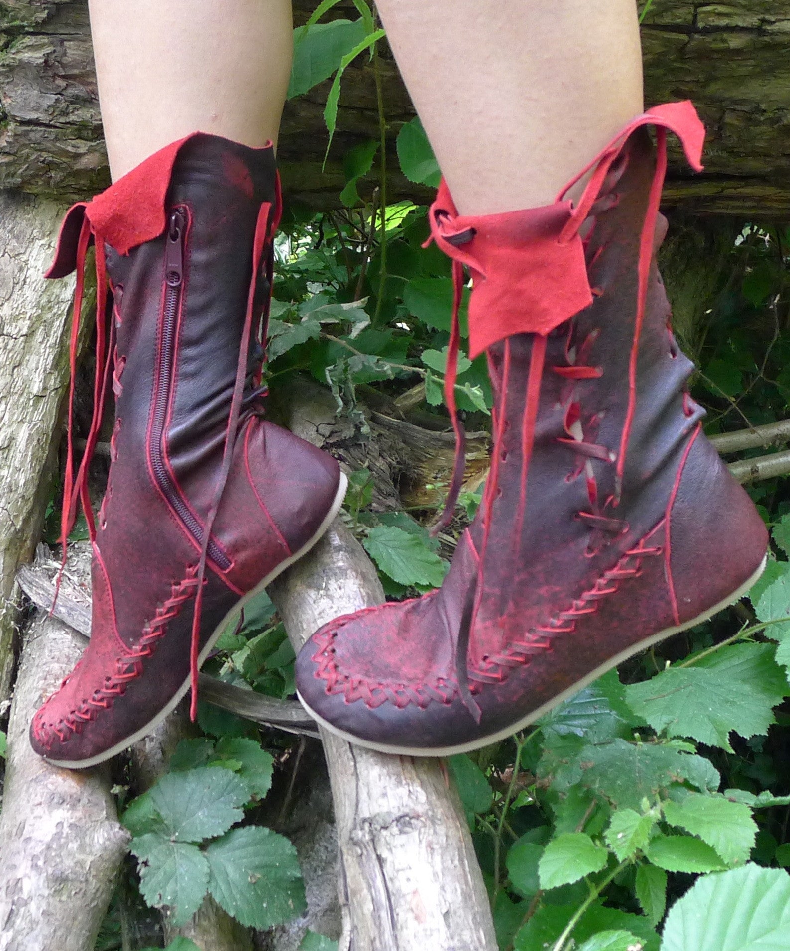 Red and Black Leather Ankle Boots