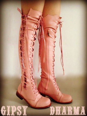 'Clockwork Fairy' Pink Knee High Boots for Pre Order