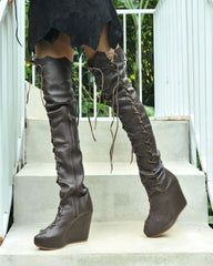 Ms Perfect Over Knee High Wedges Boots in Brown
