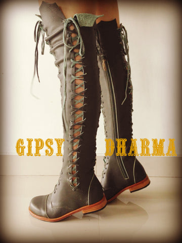 'Clockwork Fairy' Knee High Boots in Dark Forest Green for Pre Order