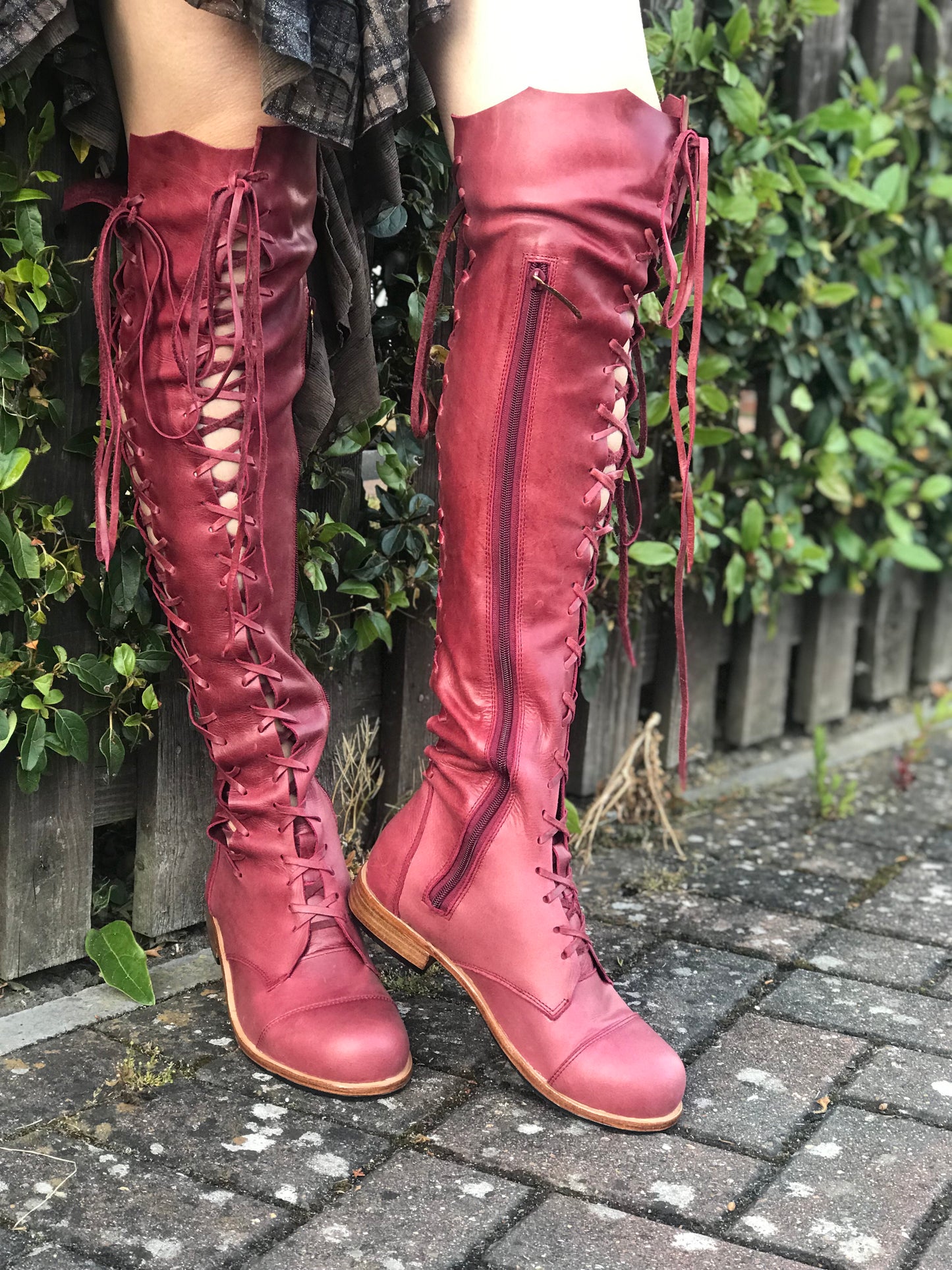 'Clockwork Fairy' Knee High Boots in Oxblood with Tan Soles