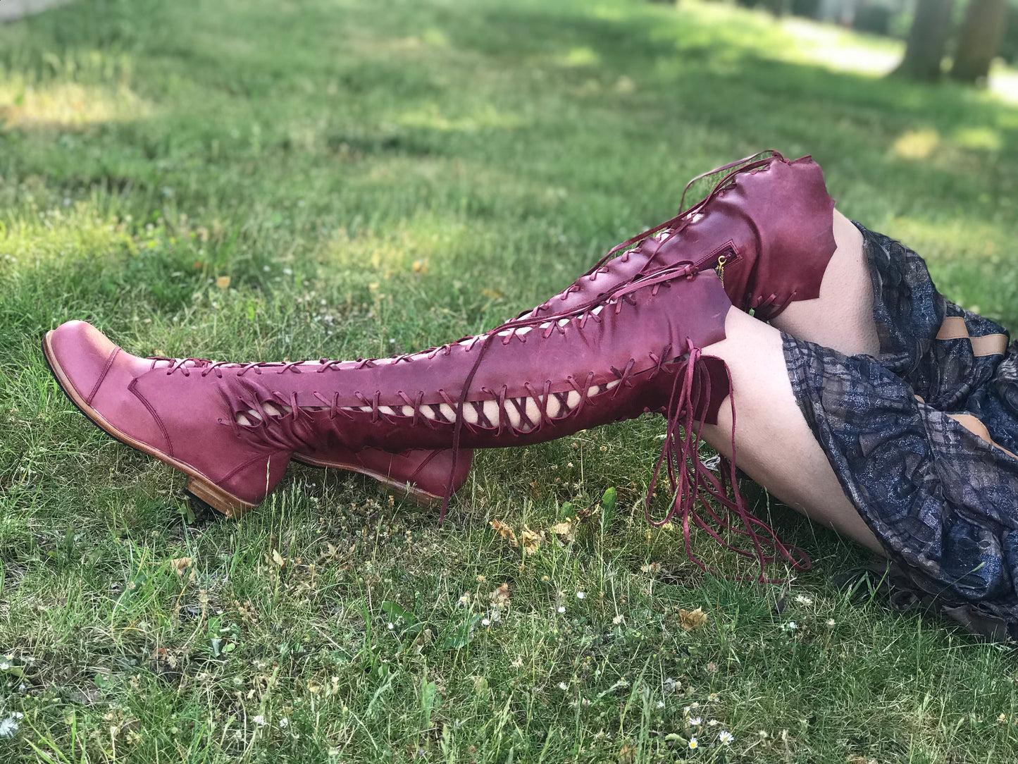 'Clockwork Fairy' Knee High Boots in Oxblood with Tan Soles