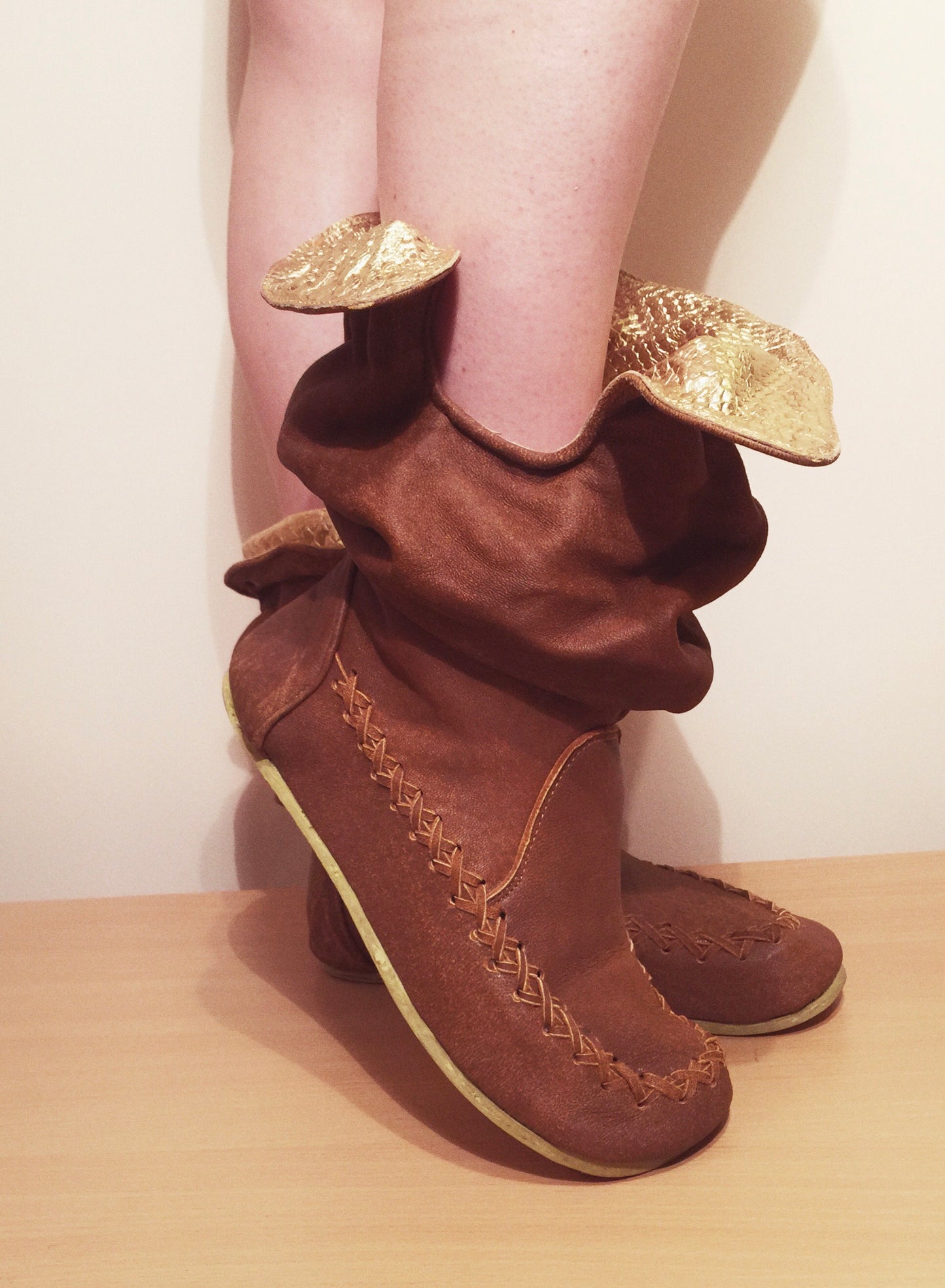 'Peter Pan Slippers' in Tan with Gold for Pre Order