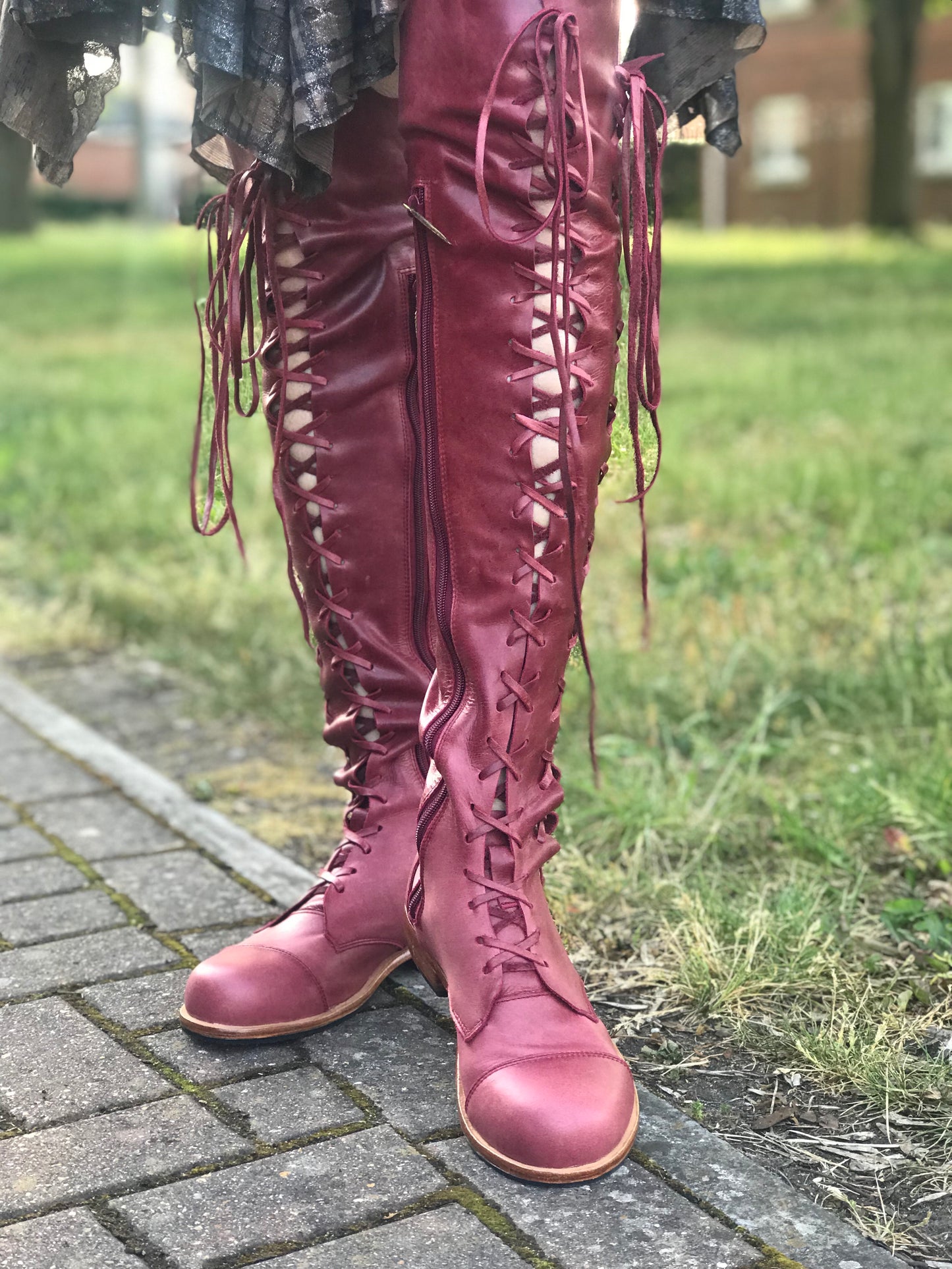 'Clockwork Fairy' Knee High Boots in Oxblood with Tan Soles