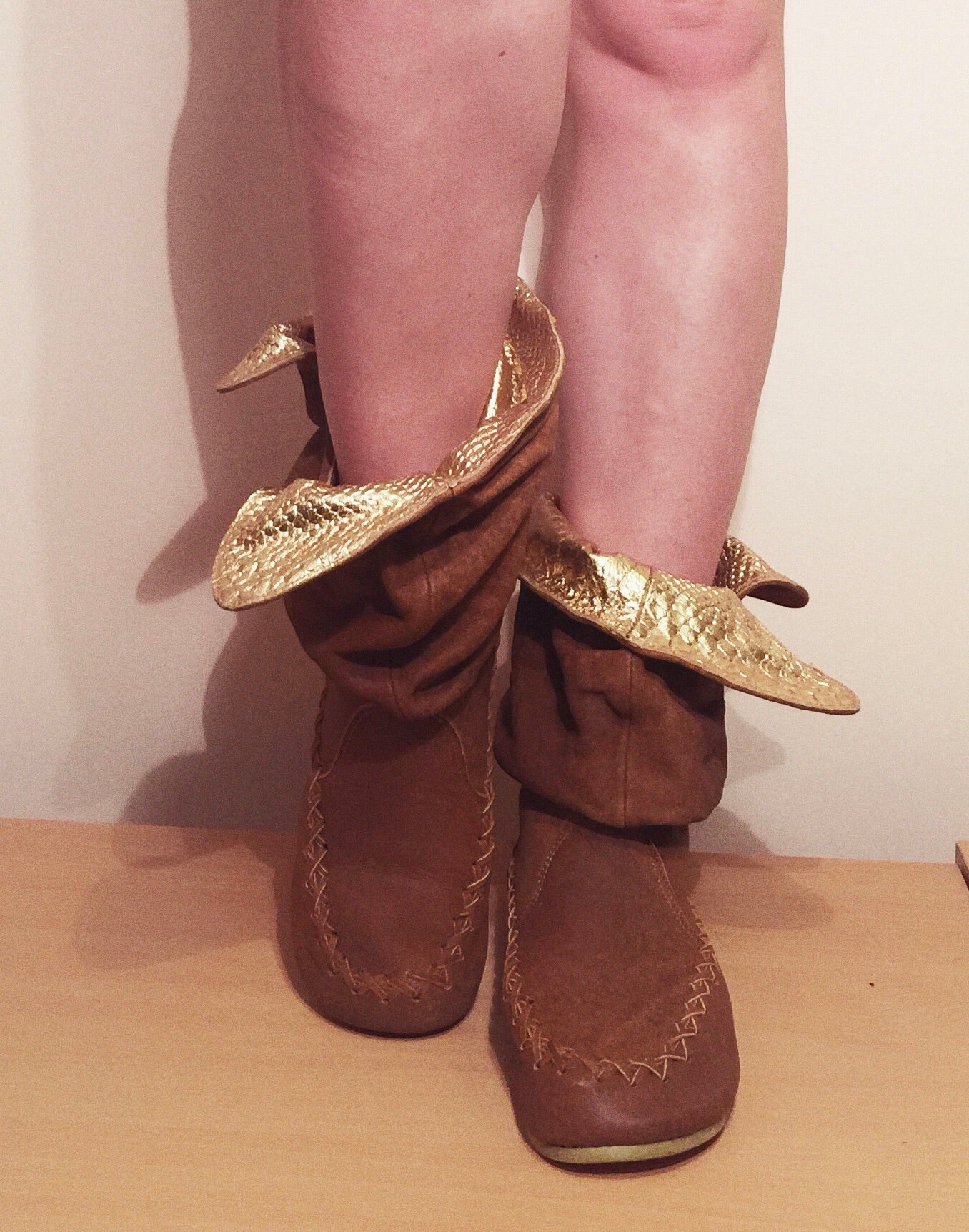 'Peter Pan Slippers' in Tan with Gold for Pre Order