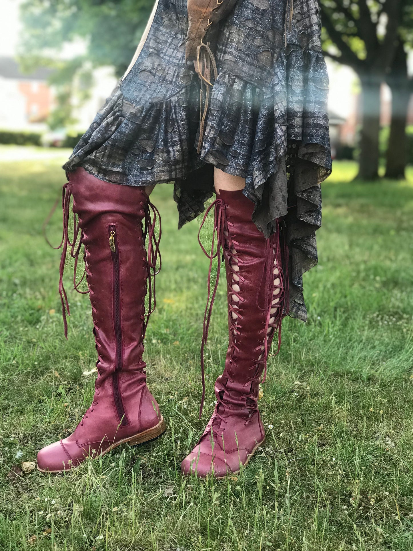 'Clockwork Fairy' Knee High Boots in Oxblood with Tan Soles