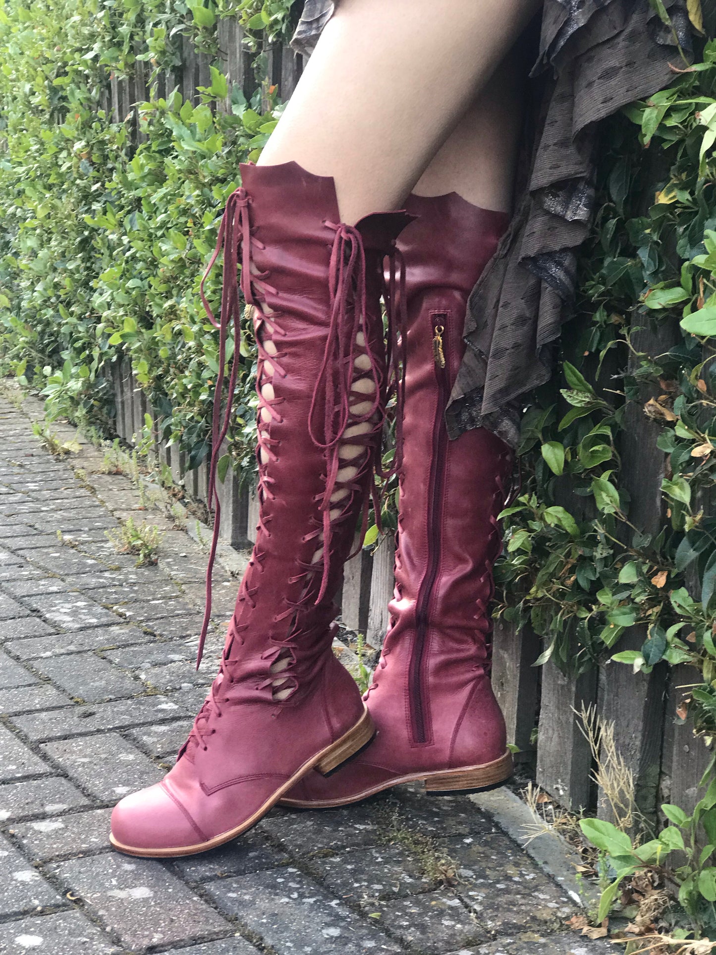 'Clockwork Fairy' Knee High Boots in Oxblood with Tan Soles