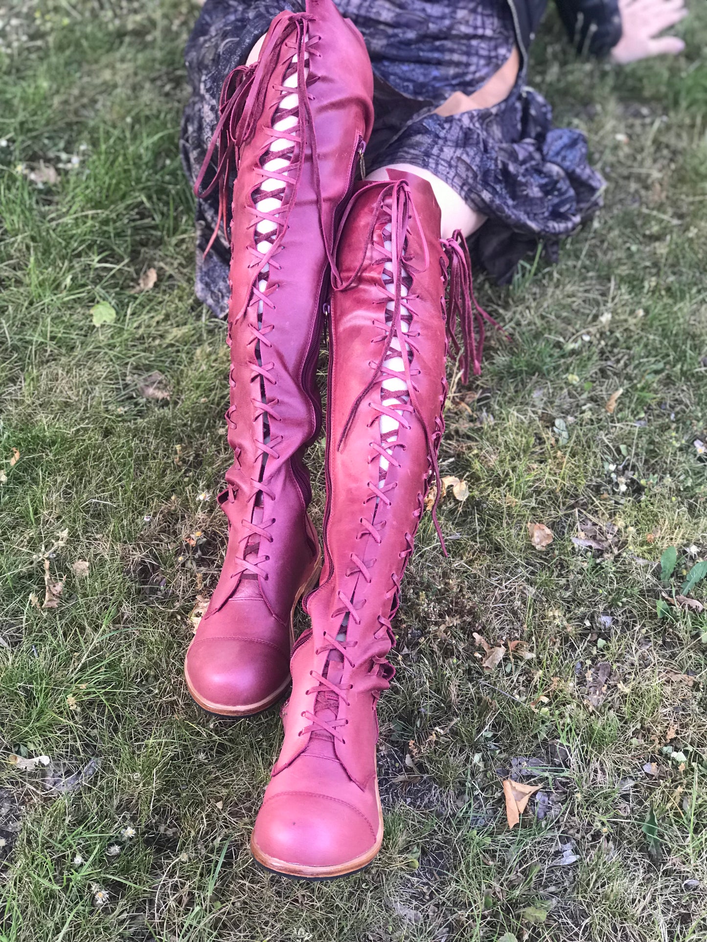 'Clockwork Fairy' Knee High Boots in Oxblood with Tan Soles