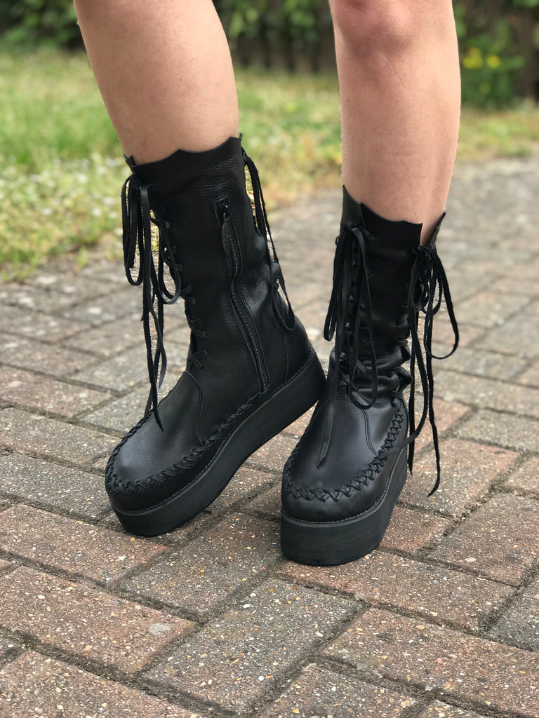 Faux Patent Leather Platform Ankle Boots