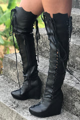 Ms Perfect Black Knee High Wedges Boots