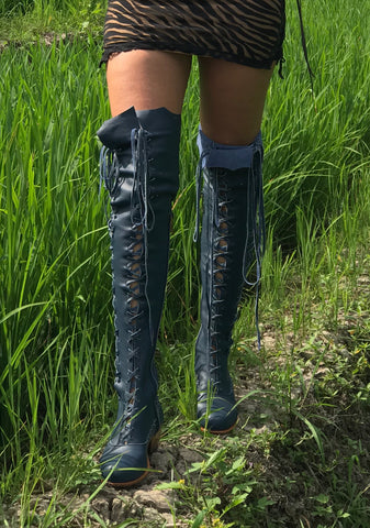 'Indigo Dream' Victorian Leather Knee High Boots for Pre Order
