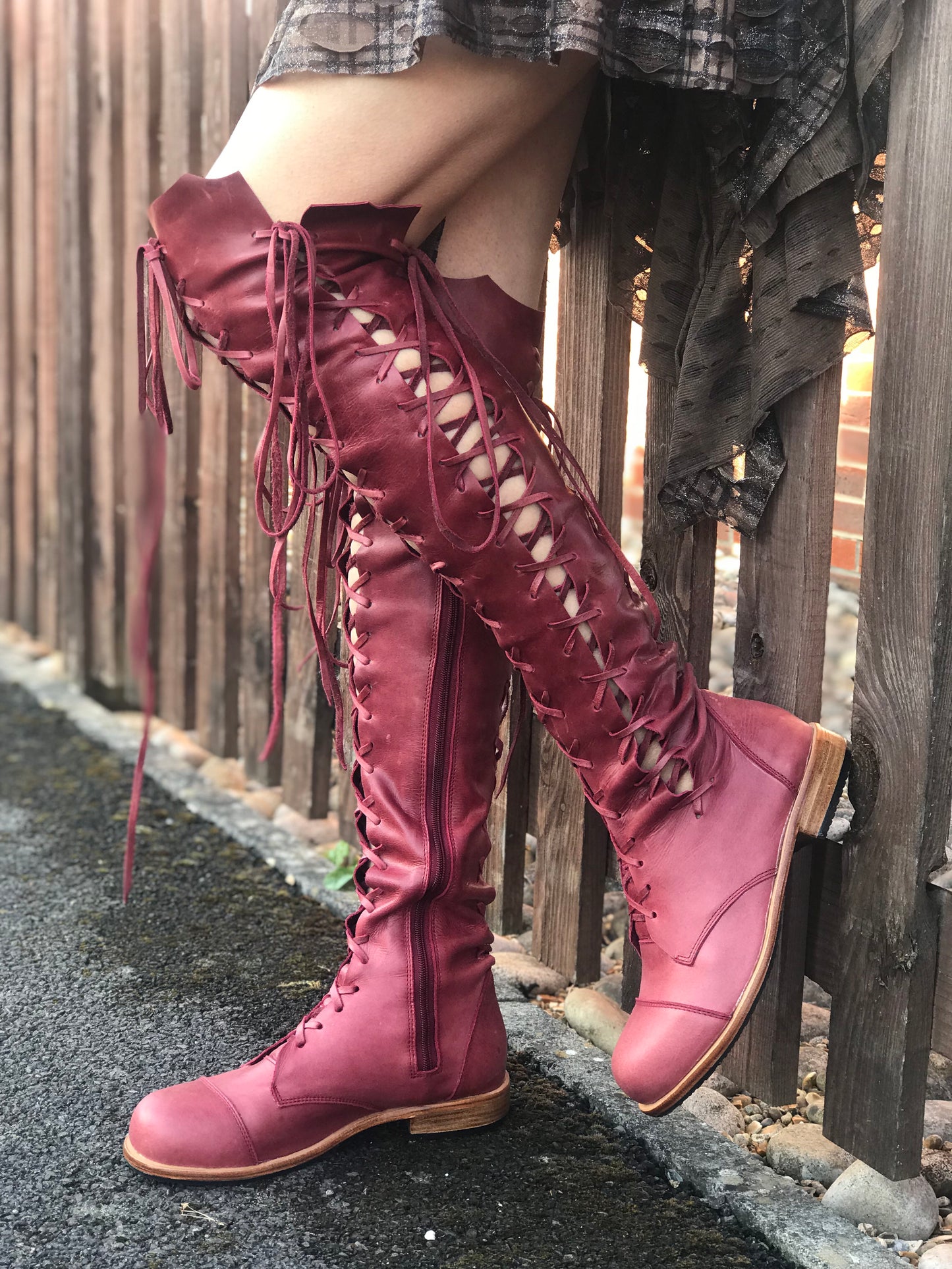 'Clockwork Fairy' Knee High Boots in Oxblood with Tan Soles