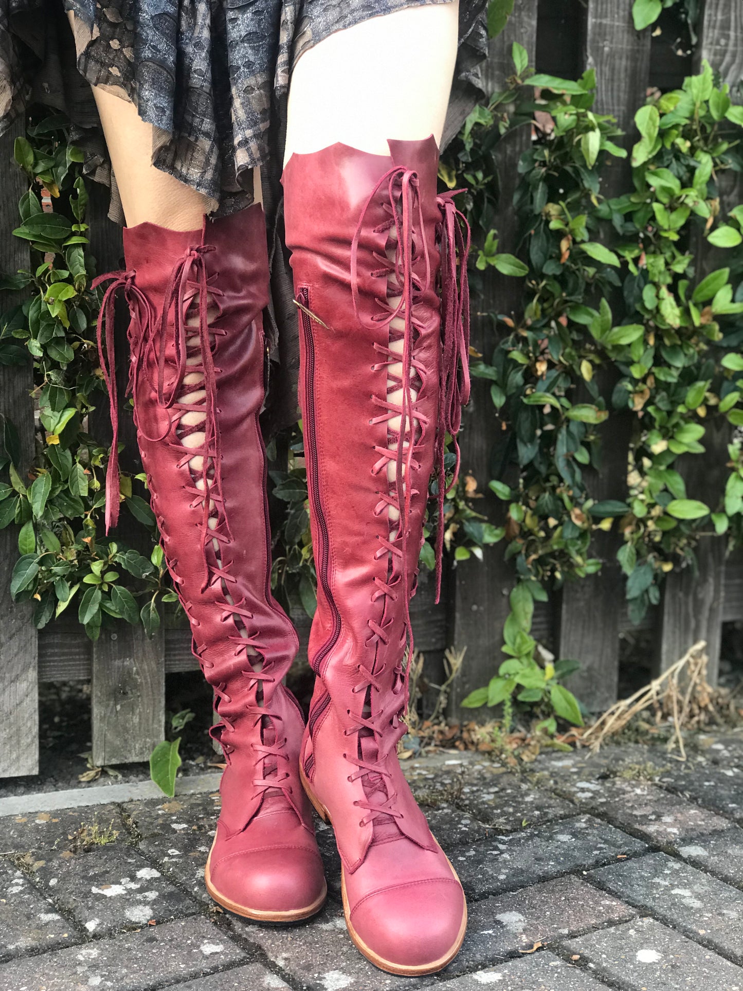 'Clockwork Fairy' Knee High Boots in Oxblood with Tan Soles