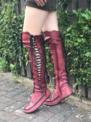 Oxblood Leather Knee High Boots with Black Laces and Black soles