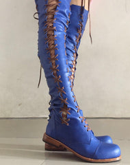 'Clockwork Fairy' Knee High Boots in Cobalt with Tan laces for Pre Order