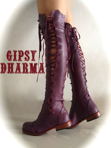 'Clockwork Fairy' Knee High Boots in Plum